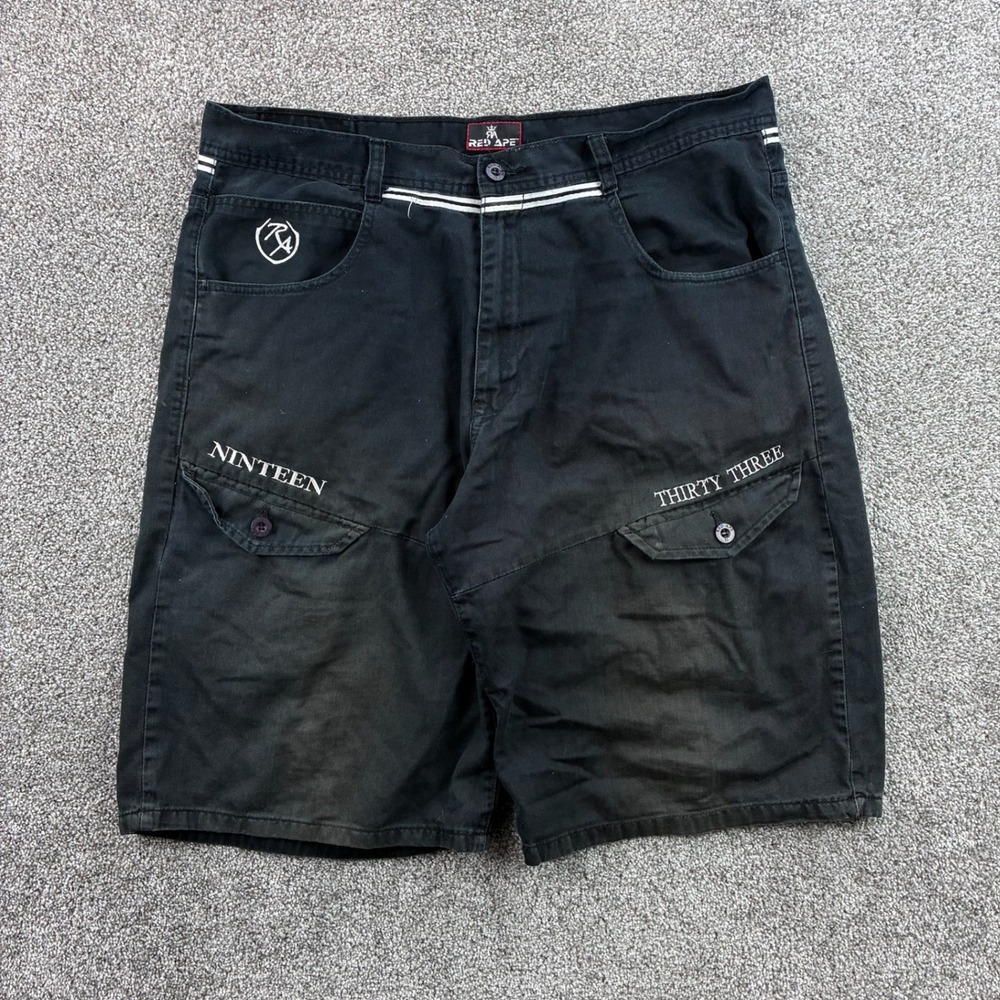 Vintage Y2k Red Ape Cargo Shorts Mens 42 Black Cotton Hip Hop Pocket Embroidery